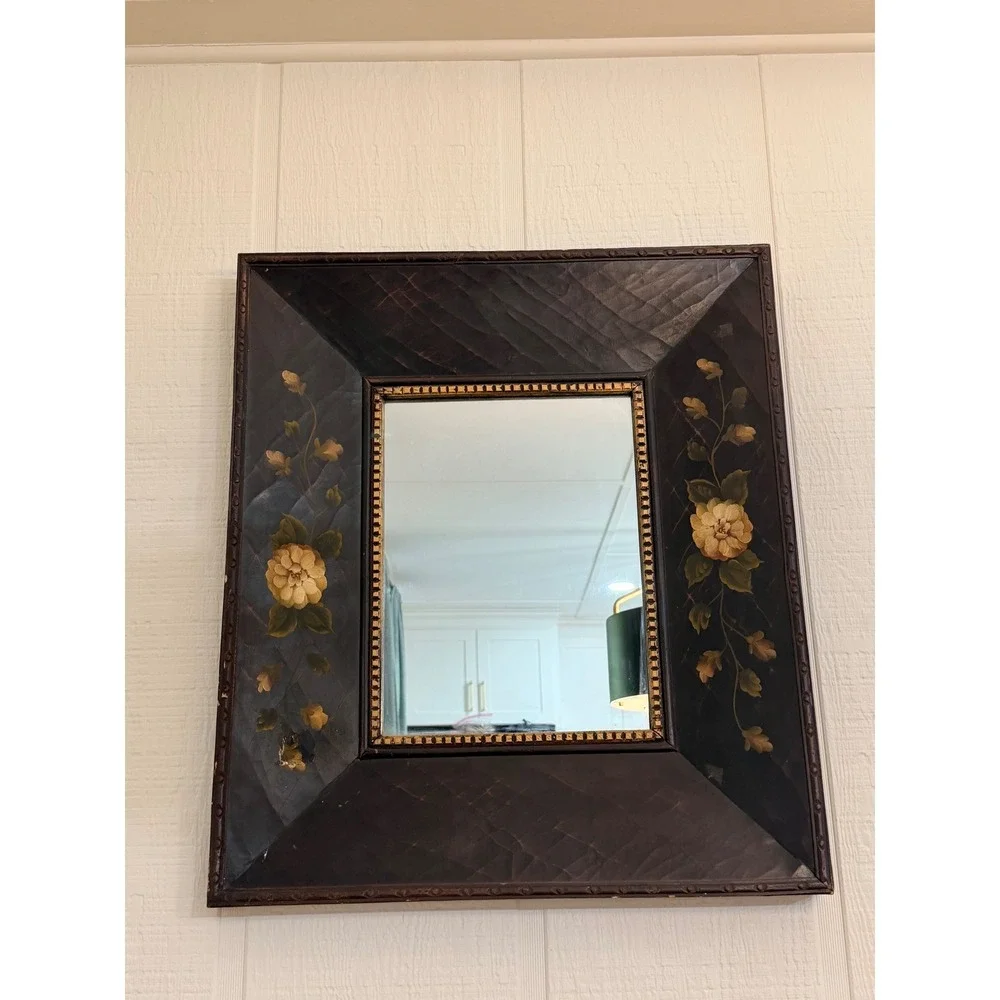 Floral Wall Mirror Misc OS Dark Brown Good Hand Painted Folk Art Decor